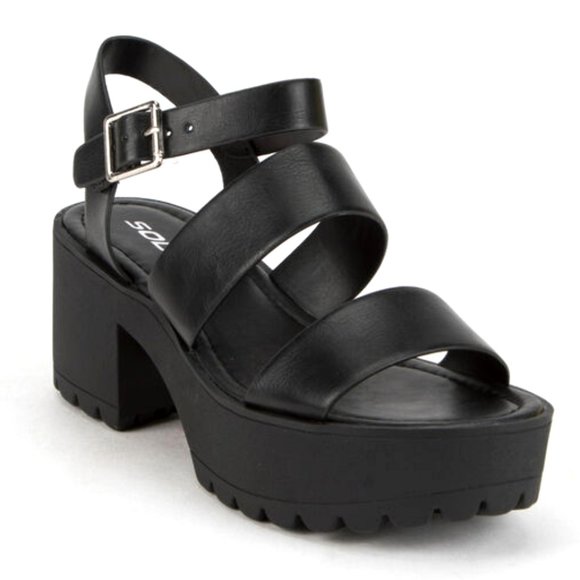 New Black Band Platform Chunky Lug Heel Sandals - Picture 3 of 4